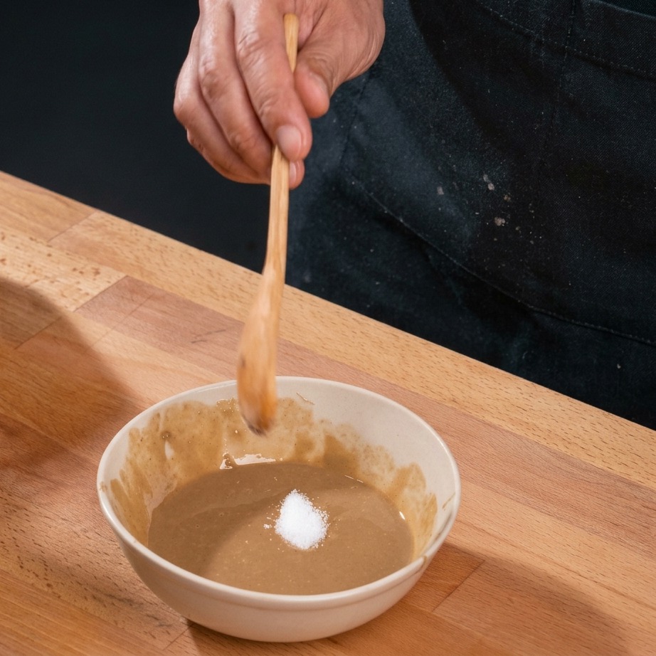 Une main saupoudrant délicatement un assaisonnement blanc dans un bol de sauce marron clair.