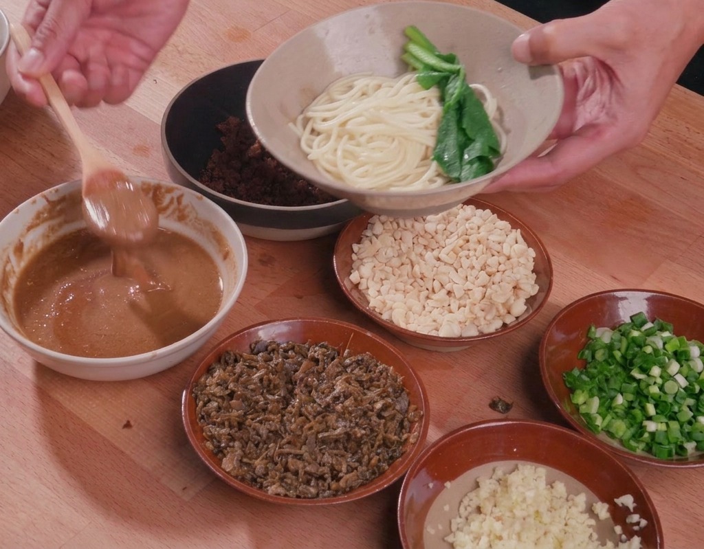 Une cuillère en bois faisant couler une sauce épaisse au sésame sur un bol de nouilles blanches garnies de bok choy vert tendre.