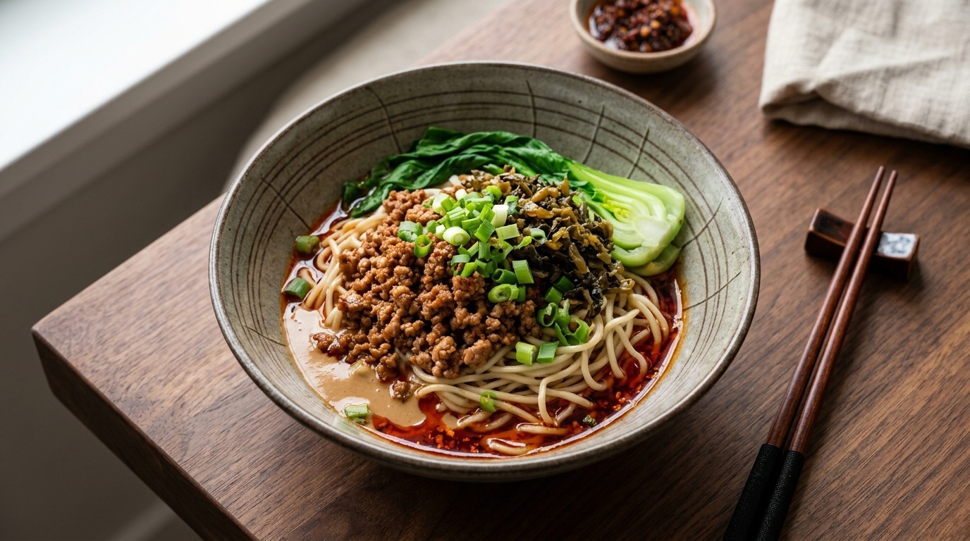 Un bol de nouilles Dandan du Sichuan garni de porc savoureux, de bok choy croquant et dune sauce onctueuse au sésame et au piment.