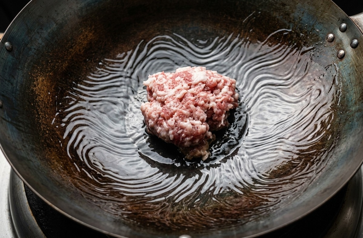 Un tas de porc haché cru reposant dans un fond dhuile de cuisson au fond dun wok en acier.