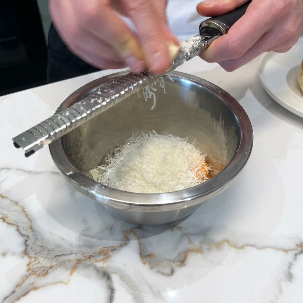 Une râpe microplane utilisée pour râper un bloc de fromage blanc dans un bol contenant un œuf.