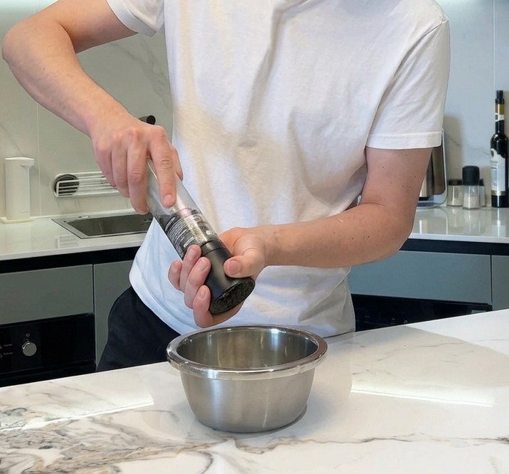 Des mains utilisant un moulin à poivre noir pour moudre du poivre frais dans un bol en acier inoxydable.