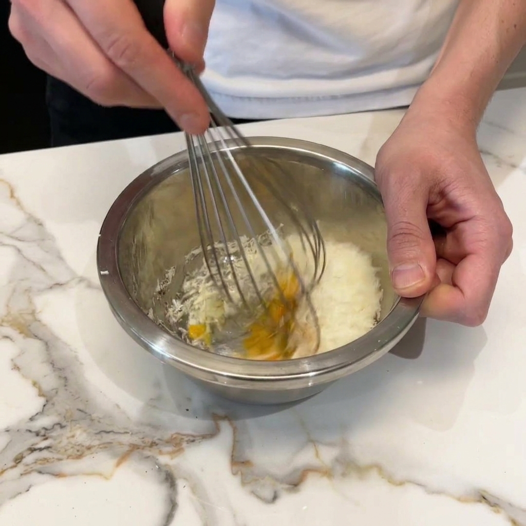 Un fouet mélangeant vigoureusement des jaunes dœufs et du fromage finement râpé dans un bol en métal.