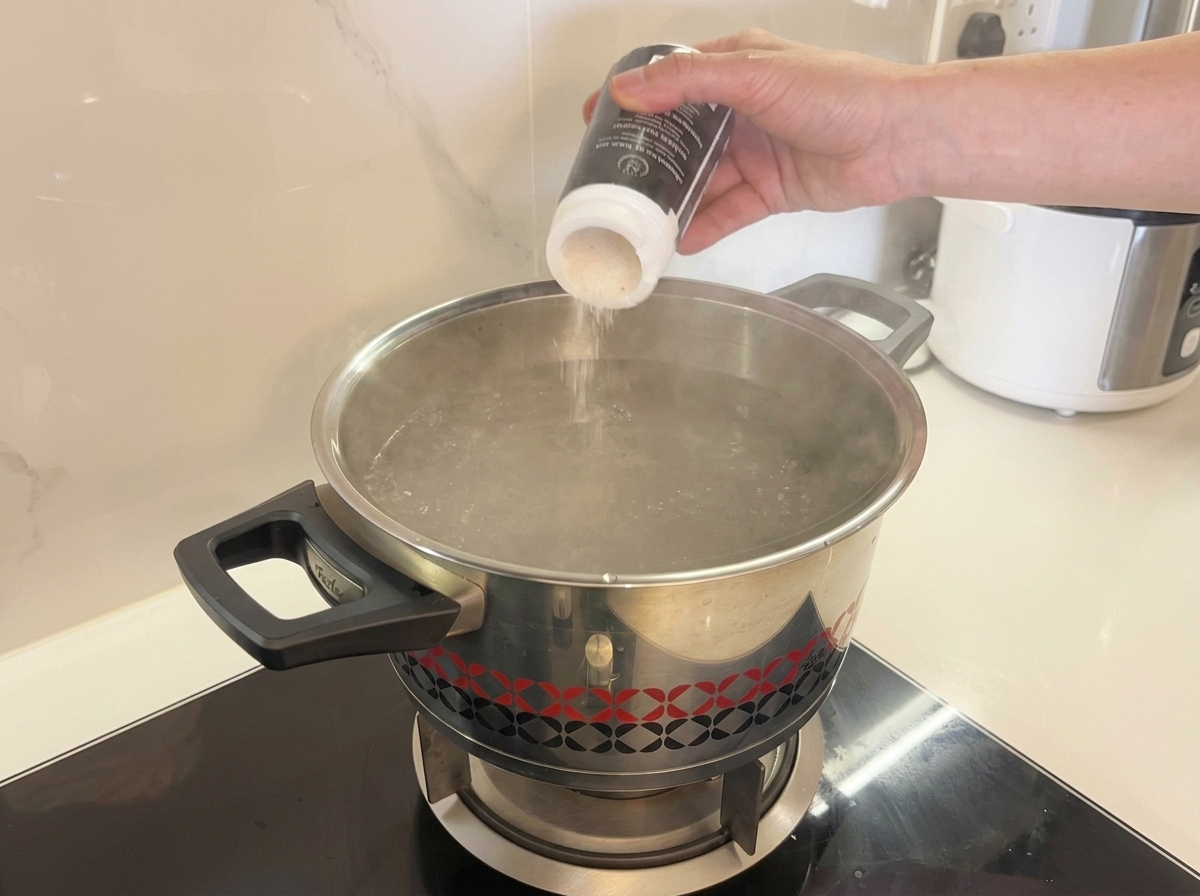Une main versant du sel blanc dun récipient dans une casserole en acier deau bouillante fumante.