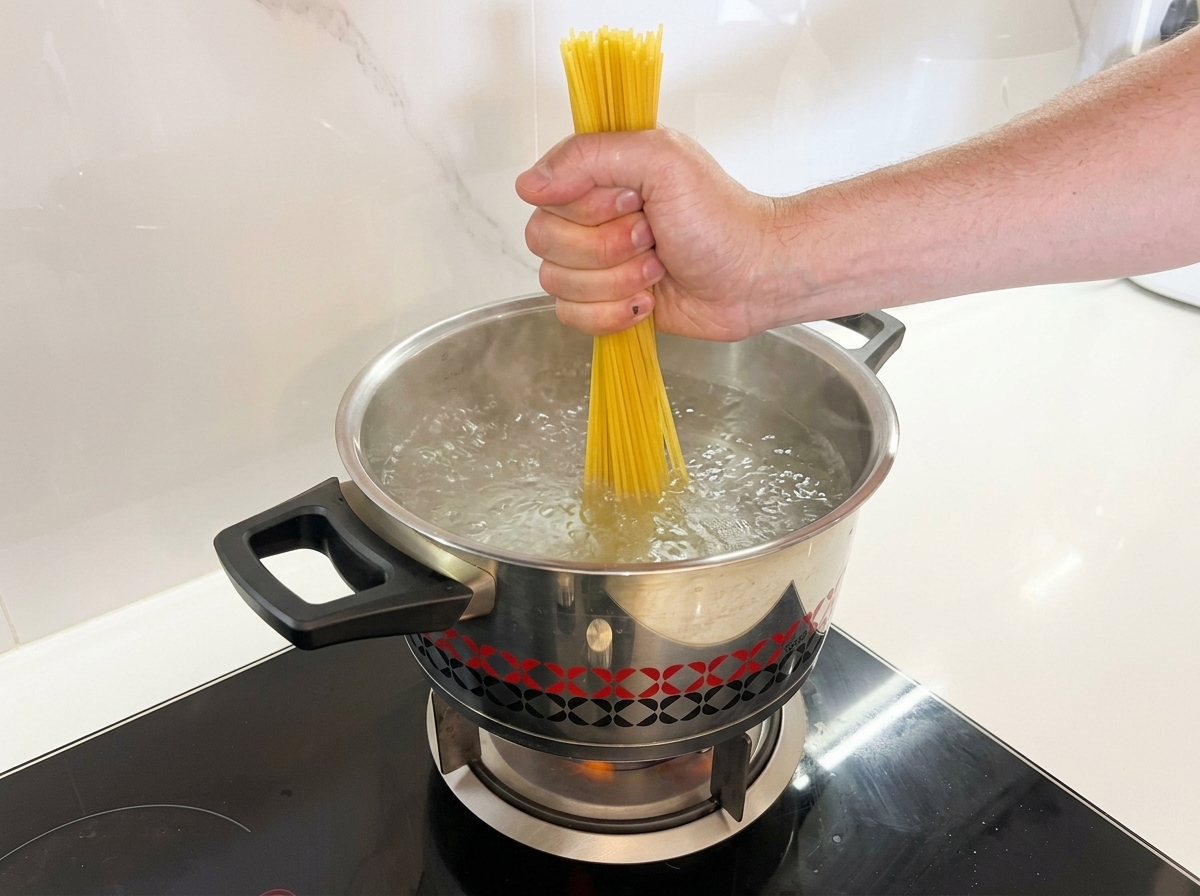 Une main tenant un paquet de spaghettis secs, les plongeant verticalement dans une casserole deau bouillante.