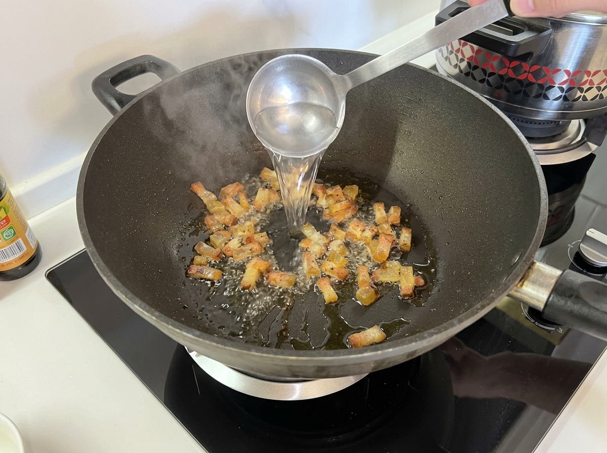 Une louche en métal versant de leau de cuisson chaude dans un wok contenant du guanciale croustillant.