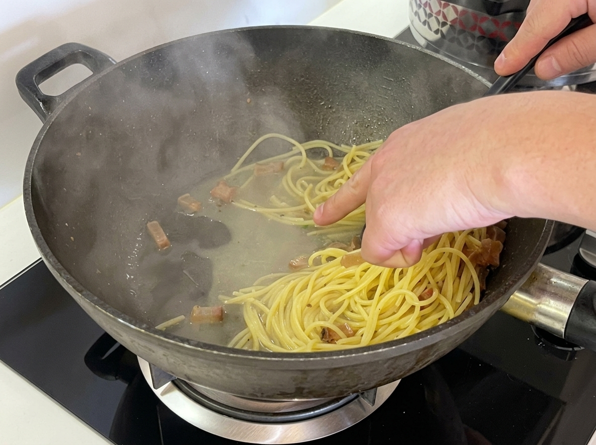 Une main montrant une petite quantité deau de cuisson au fond dun wok rempli de spaghettis et de guanciale.