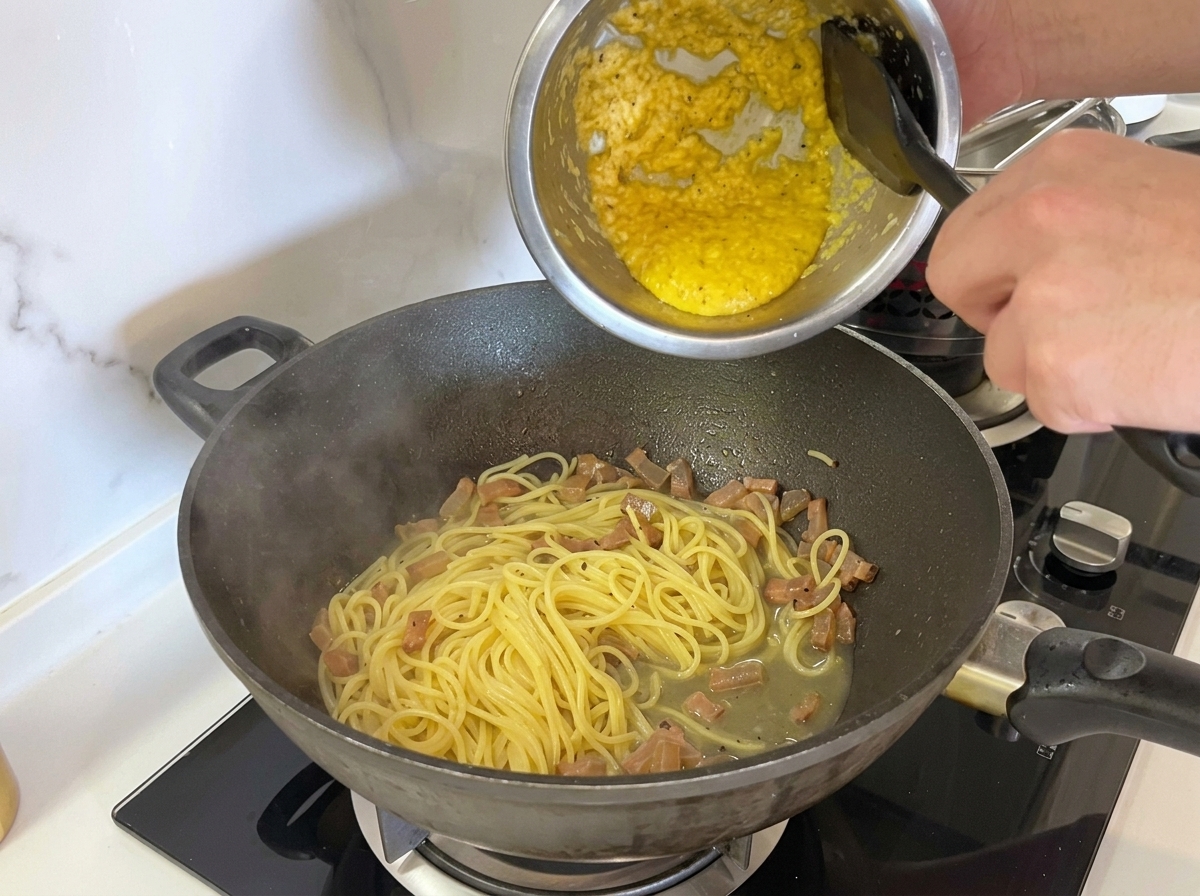 Verser le mélange épais jaune dœufs et fromage râpé dun bol en métal sur les spaghettis dans un wok sombre.