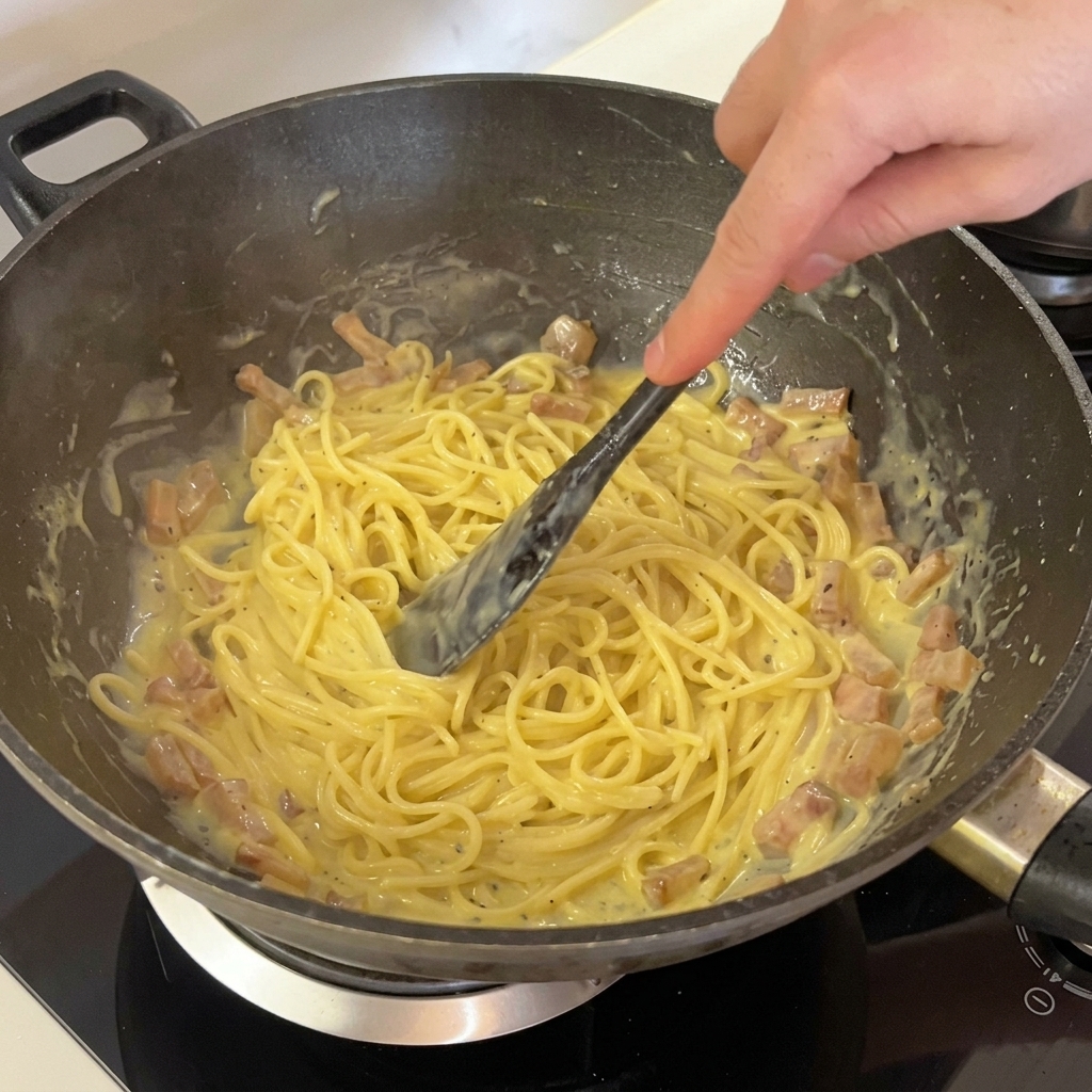 Spaghettis nappés dune sauce riche, brillante et jaune pâle, mélangés à des morceaux de guanciale dans un wok.