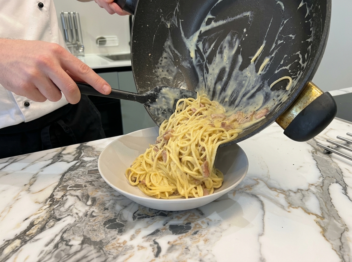 Faire glisser la Carbonara onctueuse du wok vers un bol de service blanc.
