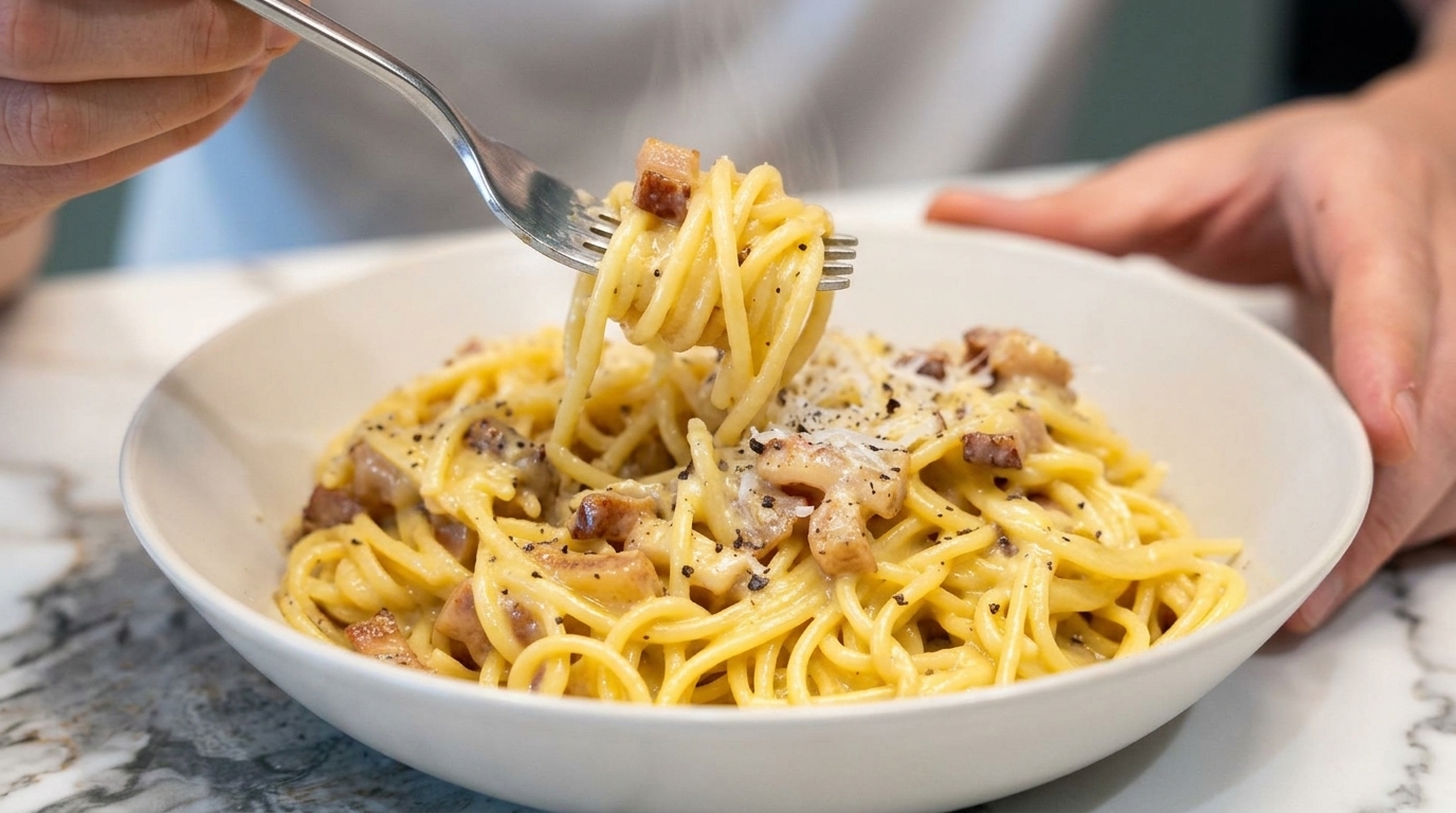 Une Carbonara romaine classique avec sa sauce aux œufs soyeuse, du guanciale croustillant et du poivre noir fraîchement moulu.
