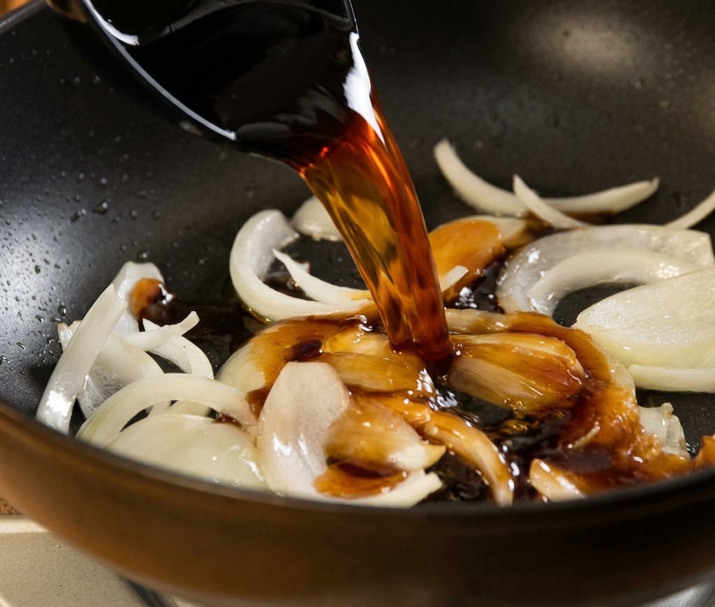 Une sauce brune et savoureuse versée sur des oignons revenus dans une poêle chaude.