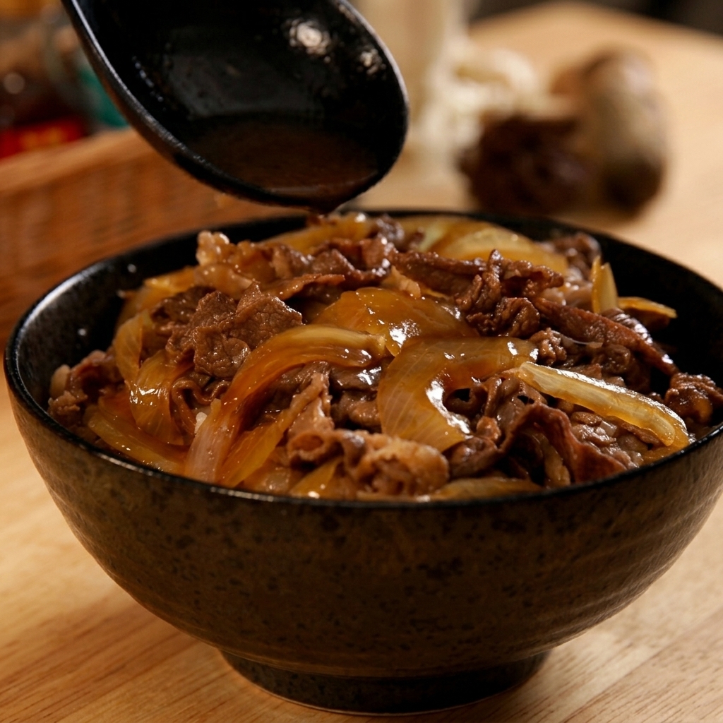 Une louche noire versant un bouillon chaud et parfumé sur un bol de gyudon fraîchement dressé.