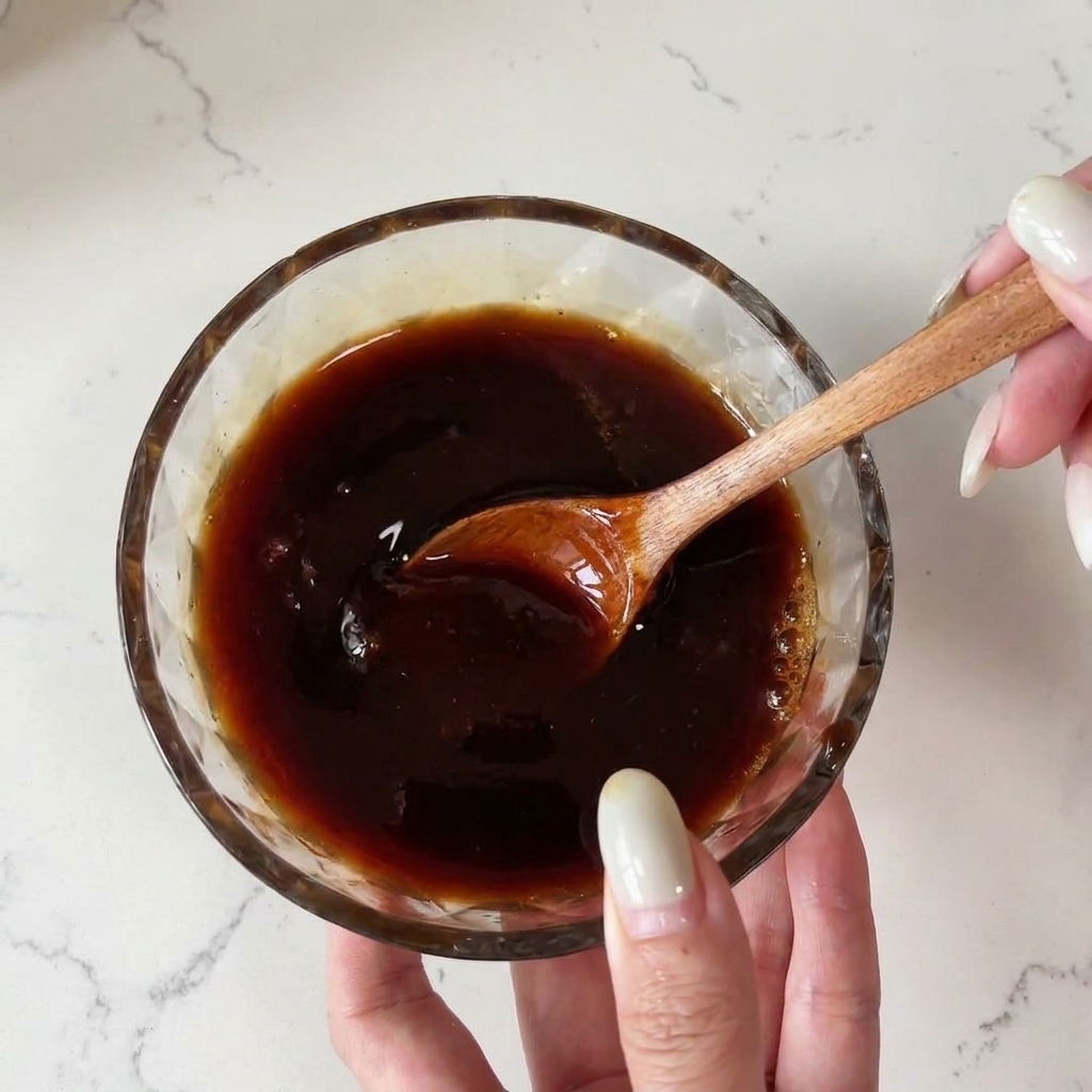 Une sauce dassaisonnement marron foncé est remuée avec une petite cuillère en bois à lintérieur dun bol en verre.