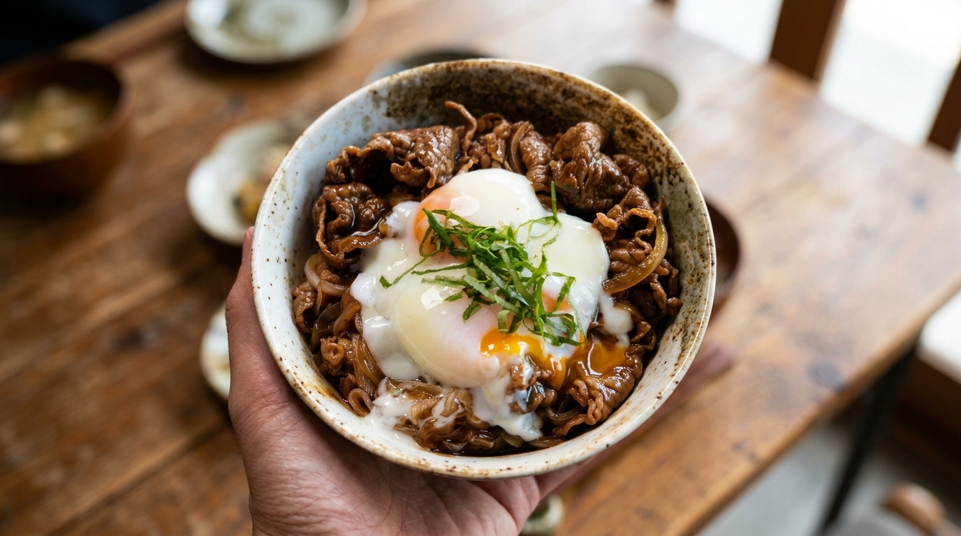 Gyudon Japonais Authentique (Bol de Bœuf au Riz et Œuf Onsen)
