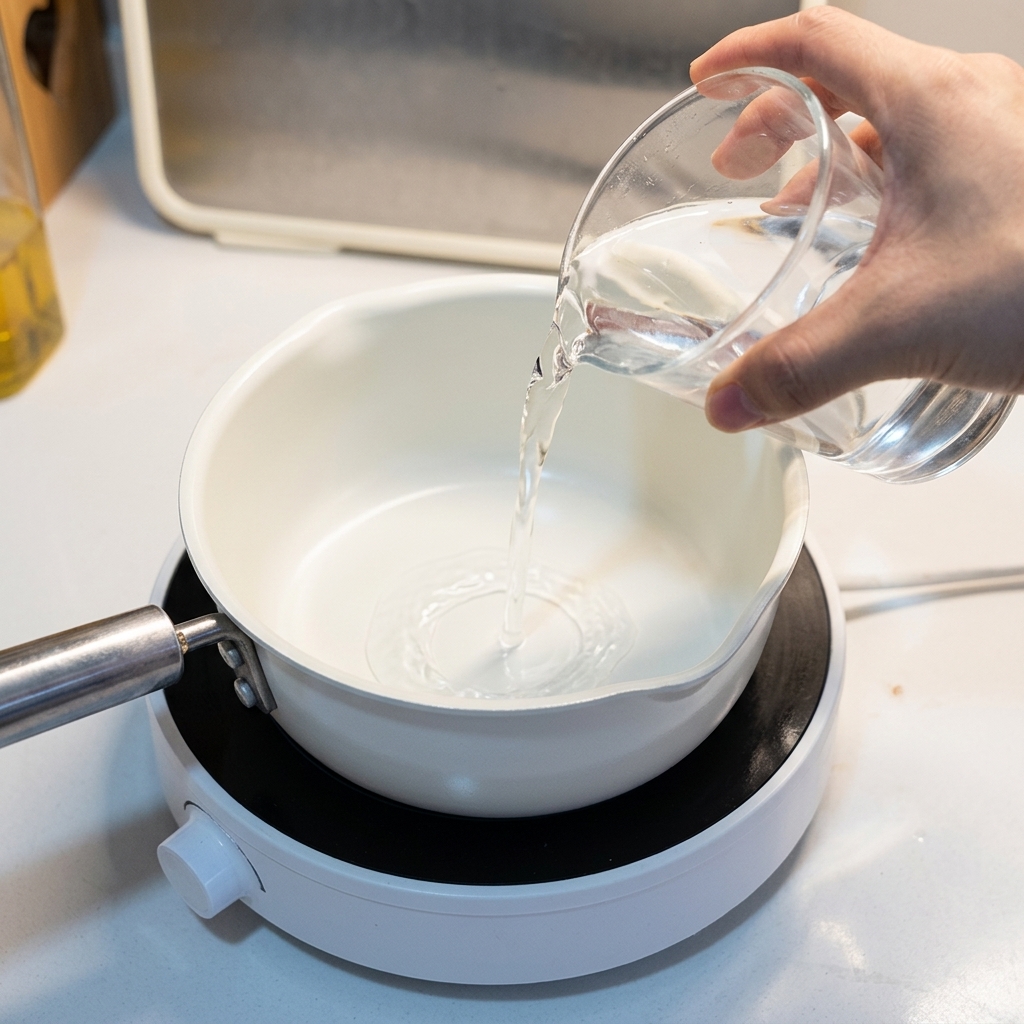 Verser de leau dun verre doseur dans une casserole blanche sur la cuisinière.
