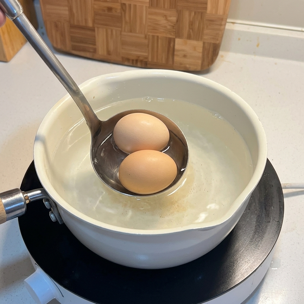 Utiliser une louche en métal pour déposer délicatement deux œufs entiers dans une casserole deau chaude.