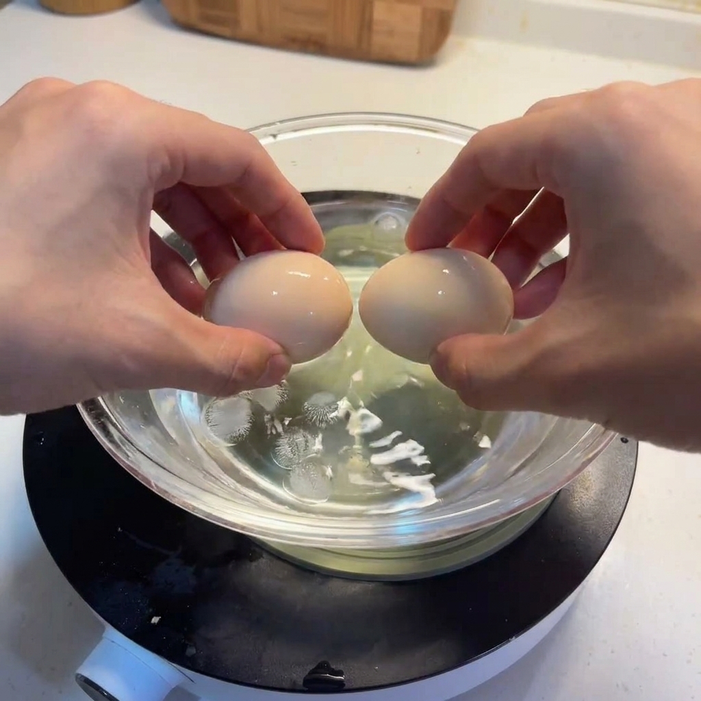 Deux mains plongeant les œufs cuits dans un bol en verre transparent rempli deau glacée.