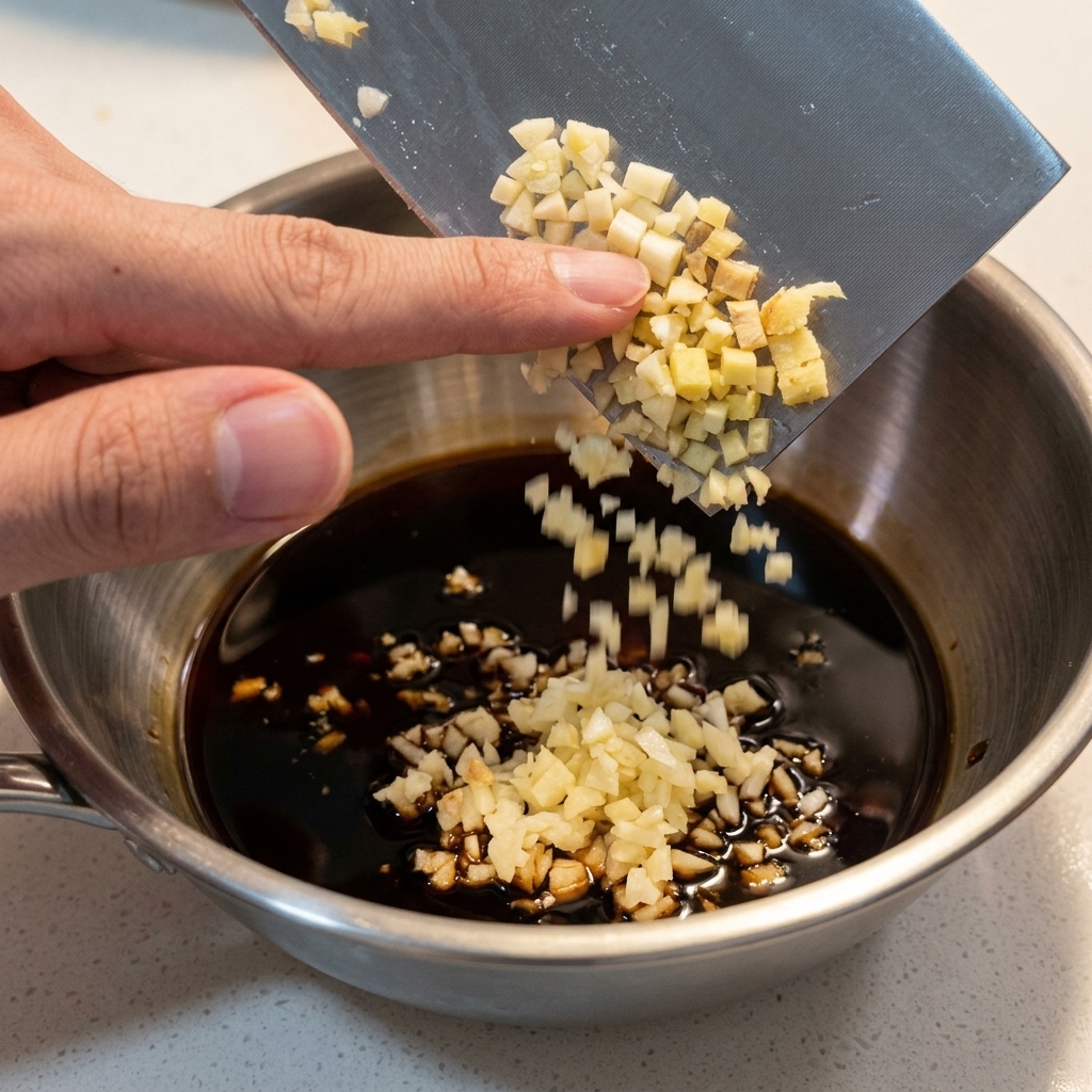 Faire glisser de lail et du gingembre hachés depuis la lame dun couperet en métal vers un bol de sauce sombre.