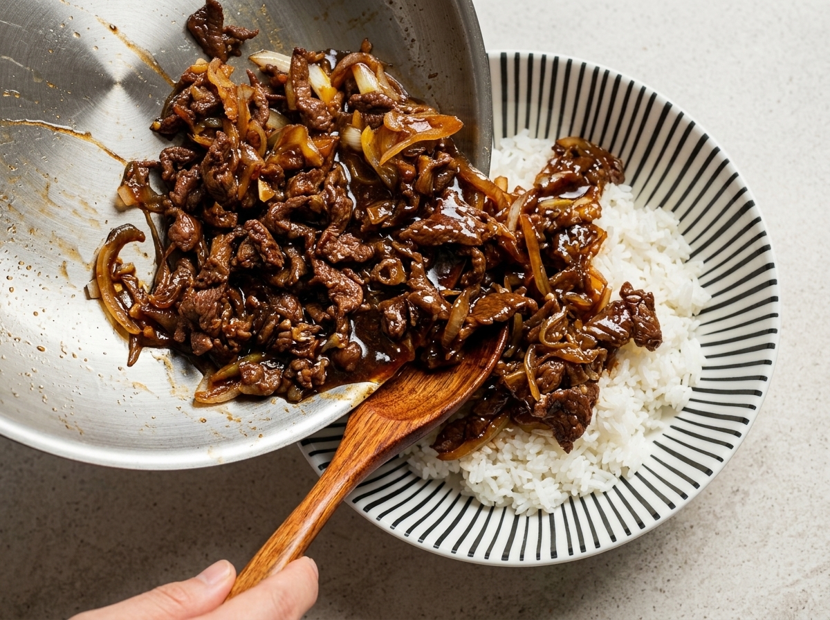 Bœuf cuit, oignons et sauce sombre glissant dune poêle en métal vers un bol de riz blanc à laide dune spatule en bois.
