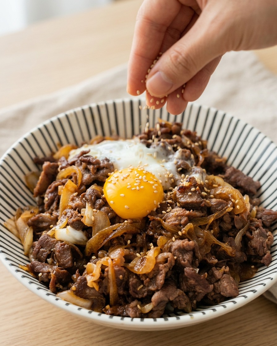 Une main saupoudrant des graines de sésame torréfiées sur un bol de bœuf gourmand surmonté dun jaune dœuf éclatant et doignons caramélisés.