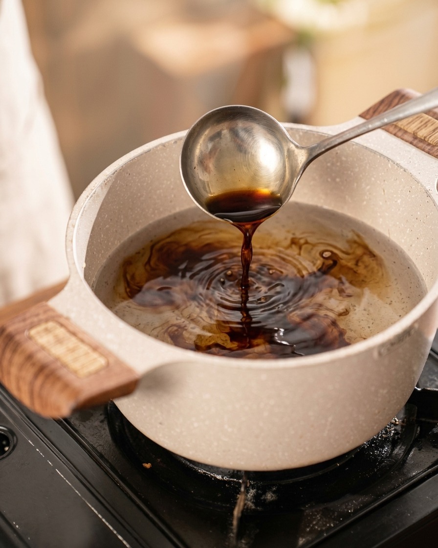 Une louche versant de la sauce soja foncée dans une casserole deau claire pour créer une base de marinade.