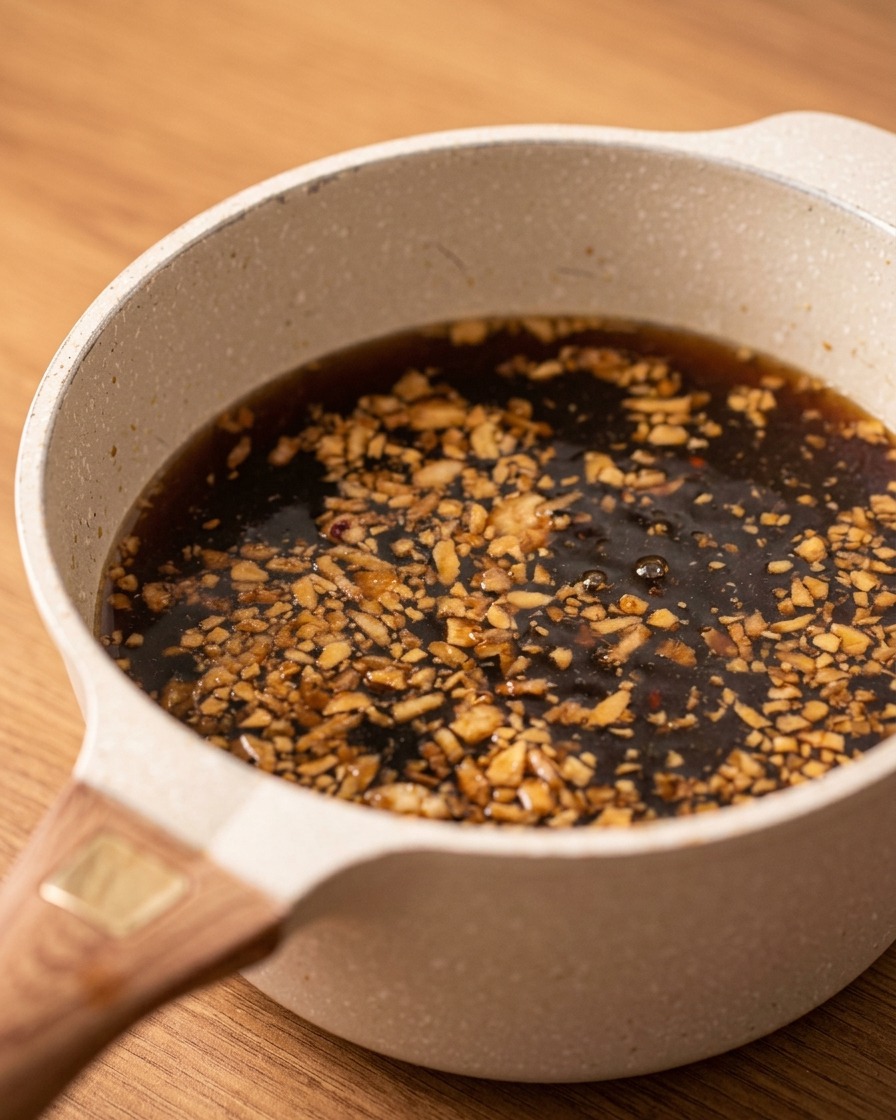 Une casserole remplie dune marinade sombre de mijotage, parsemée déchalotes frites et dail.
