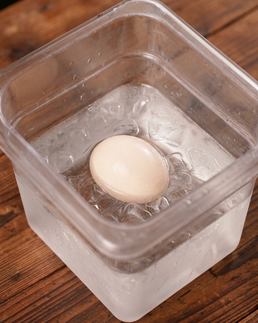 Un œuf cuit reposant dans un récipient en plastique transparent rempli deau et de glaçons.