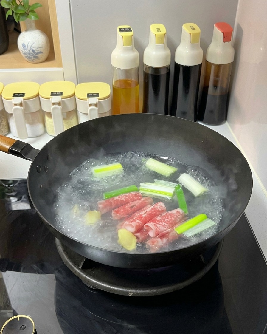 De fines tranches de bœuf cru légèrement persillé plongées dans une casserole deau bouillante avec du gingembre et des cébettes.