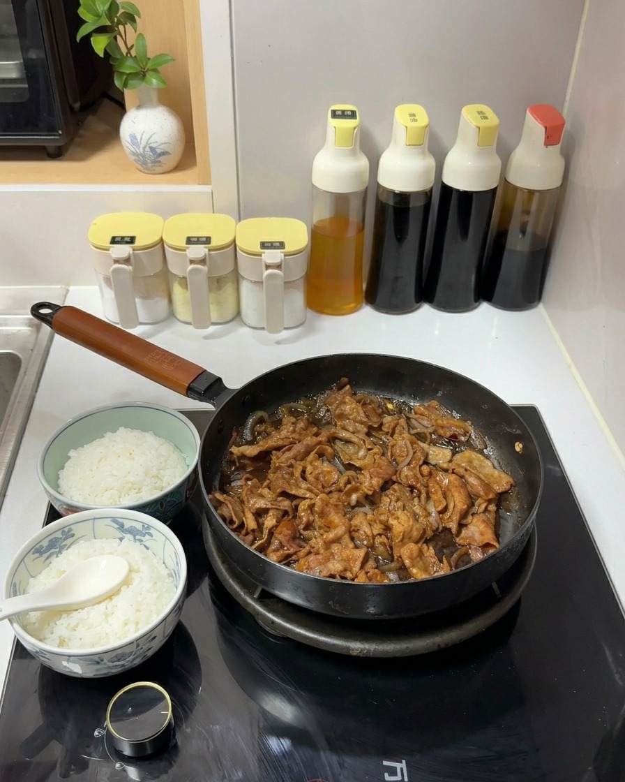 Tranches de bœuf et oignons mijotant dans une sauce sombre à côté de deux bols de riz blanc.