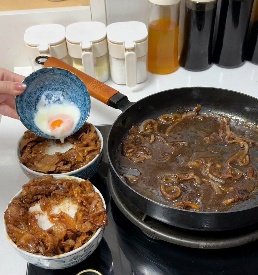 Une personne faisant glisser un œuf onsen mollet depuis un bol en céramique bleue vers un bol de riz garni de bœuf.