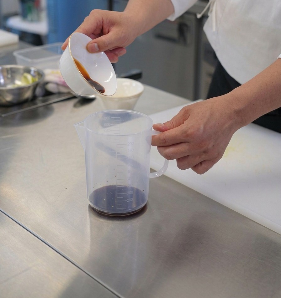 Un assaisonnement liquide foncé versé depuis un petit bol en céramique blanche dans un pichet doseur en plastique contenant déjà une autre sauce sombre.