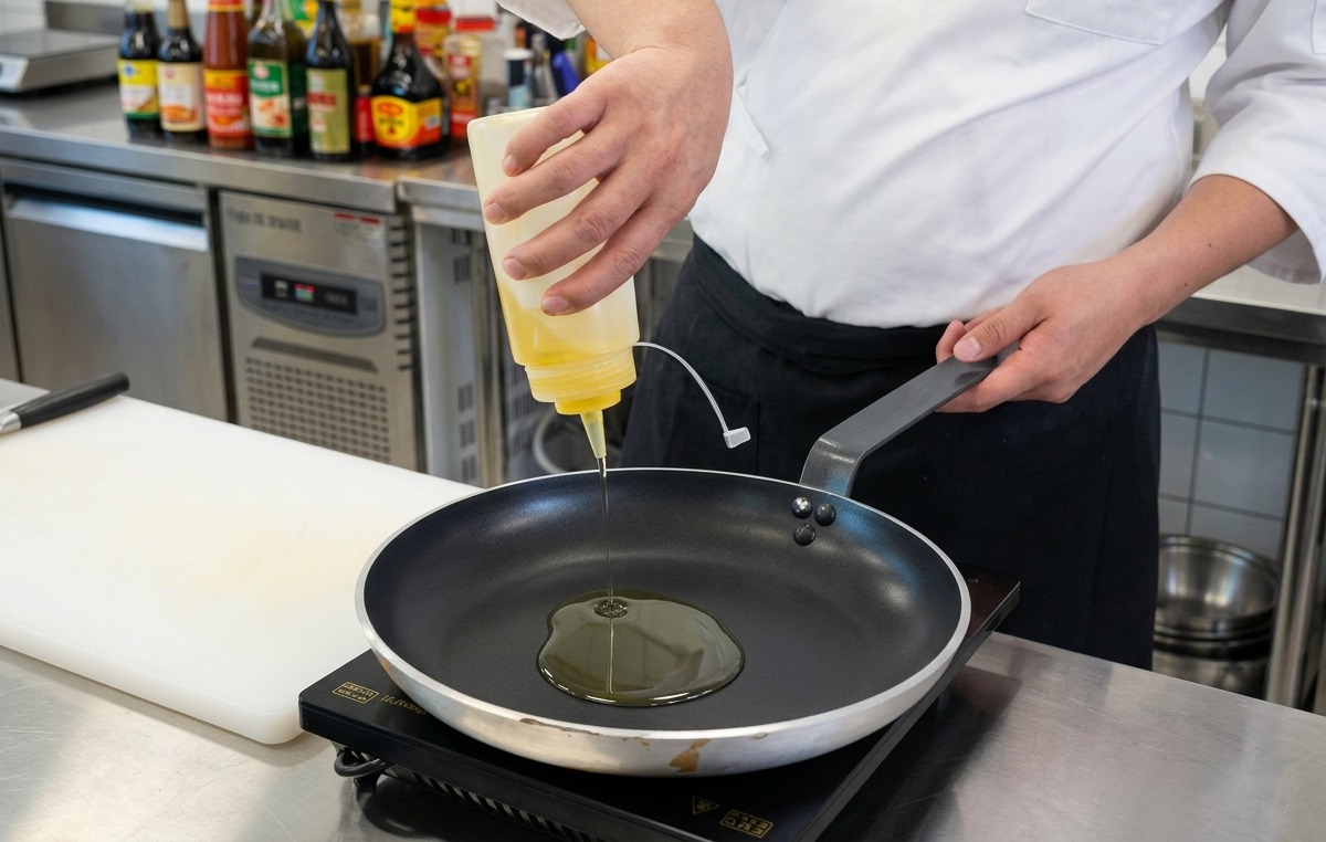 Une main versant de lhuile de cuisson dun jaune limpide depuis une bouteille en plastique au centre dune poêle à frire antiadhésive noire.