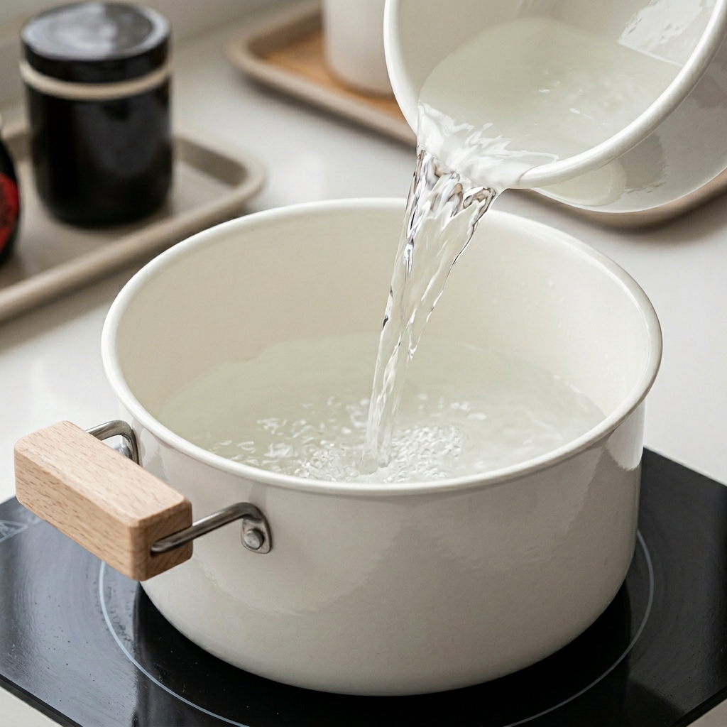 De leau chaude transparente versée dans une casserole blanche à revêtement céramique sur une plaque de cuisson noire.