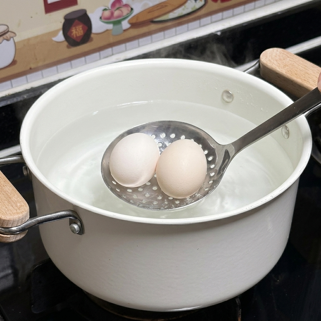 Deux œufs crus entiers déposés délicatement à laide dune écumoire en acier inoxydable dans une casserole en céramique blanche contenant de leau chaude.