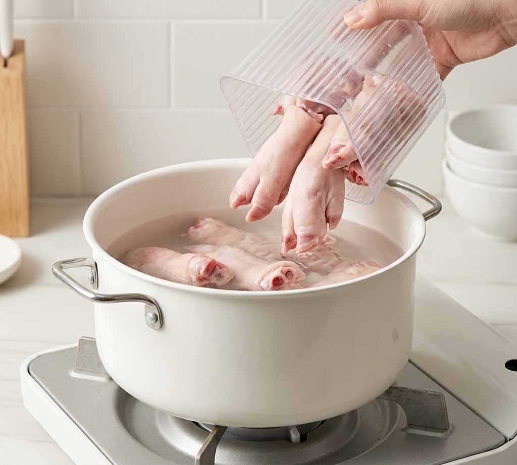 Une main versant des lamelles de bœuf cru depuis un récipient dans une casserole deau bouillante garnie daromates.