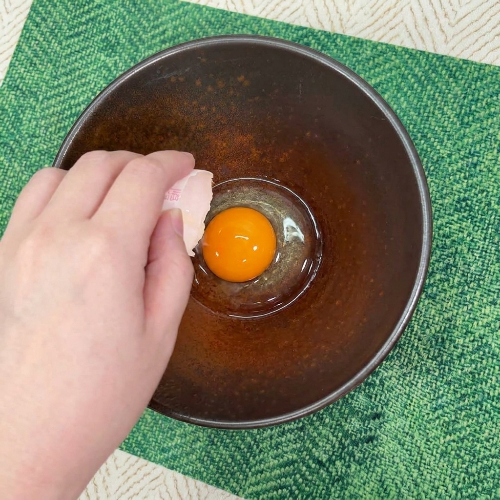 Une main utilisant une coquille dœuf pour déposer délicatement un jaune dœuf orange vif dans un bol en céramique sombre.