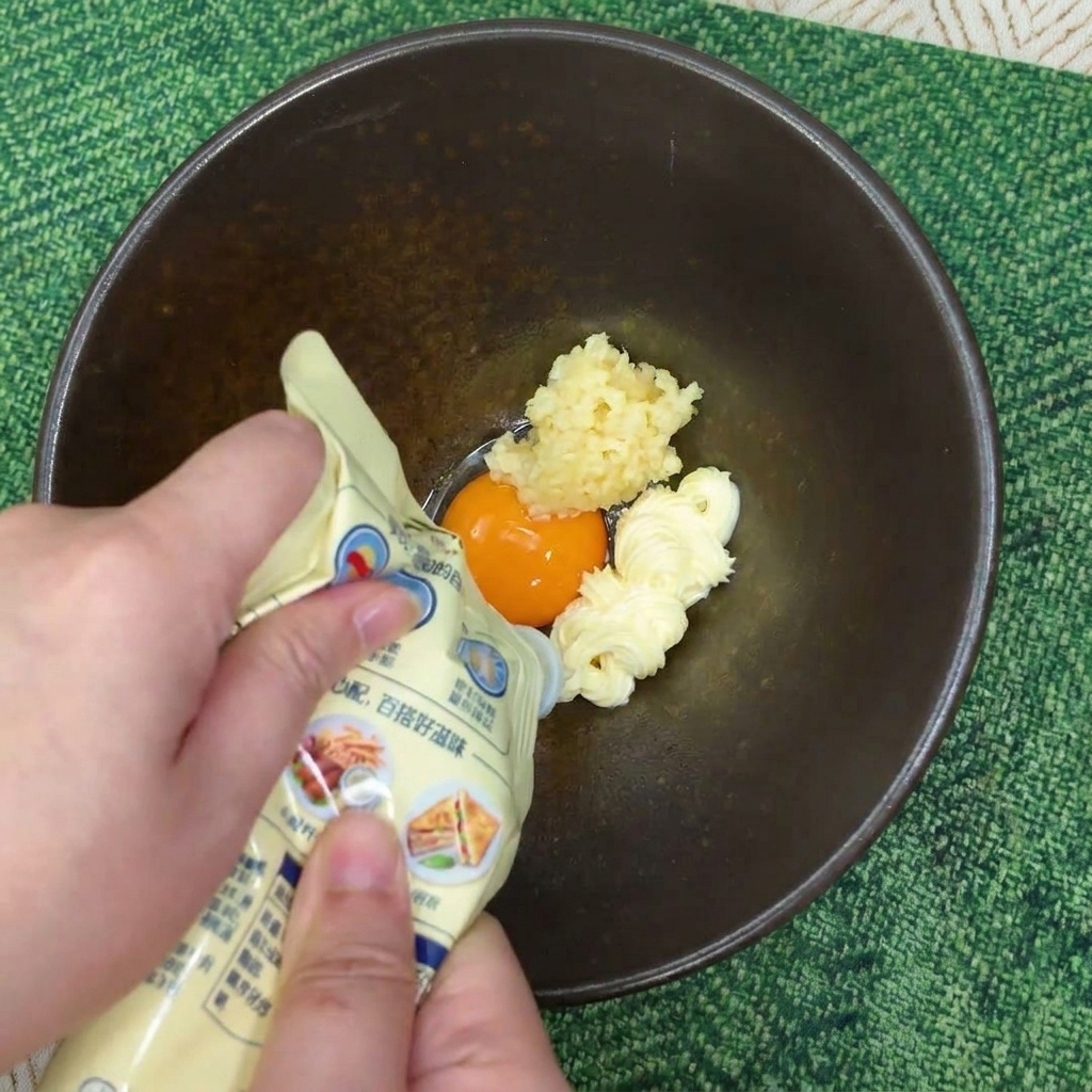 Des mains versant de la mayonnaise sur un jaune dœuf et de lail émincé dans un bol en céramique.
