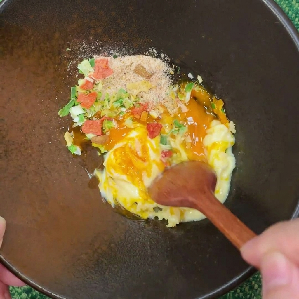 Une cuillère en bois mélangeant une pâte épaisse de jaune dœuf, mayonnaise, ail et épices dans un bol.