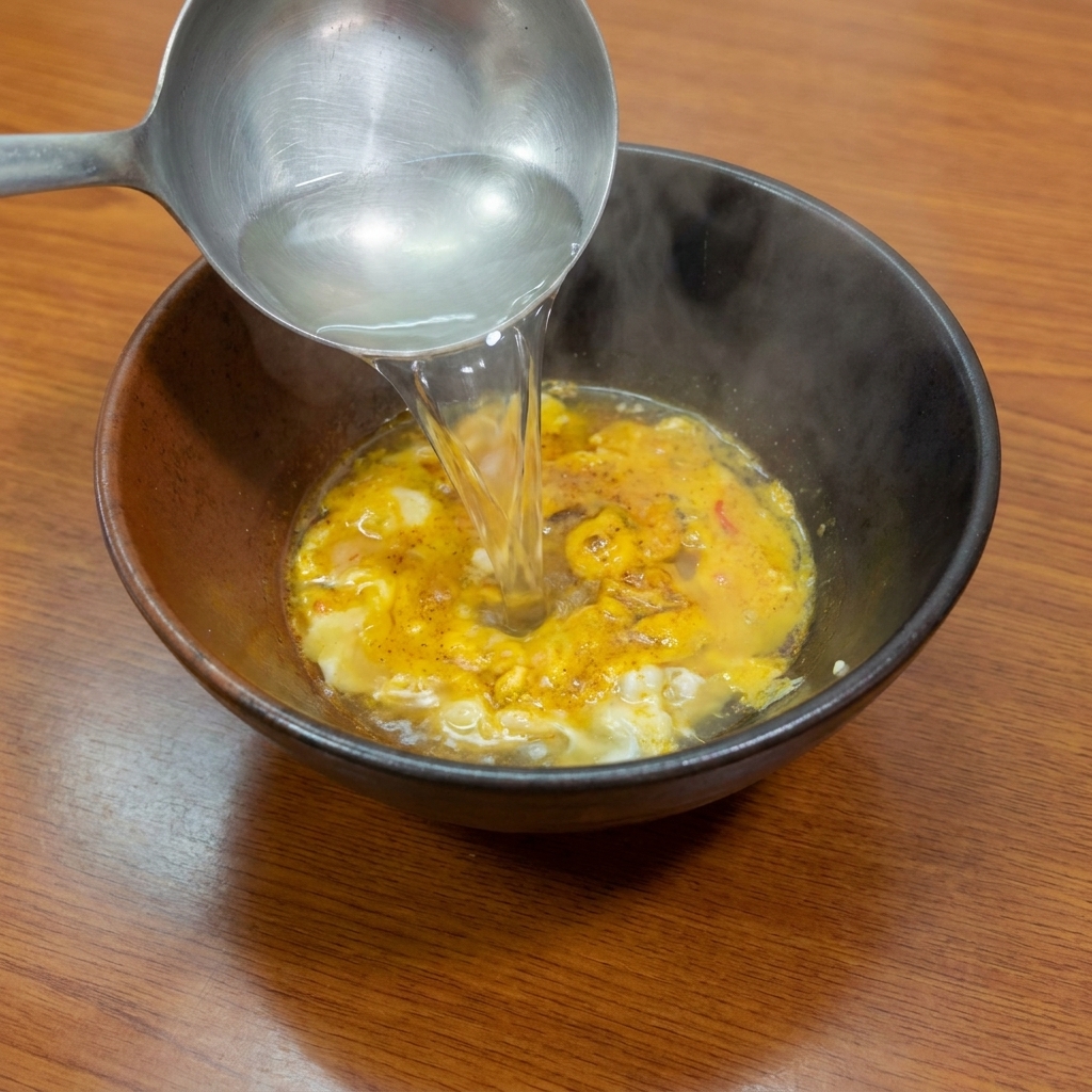 Une louche versant de leau chaude sur une pâte dassaisonnement jaune vif dans un bol sombre.