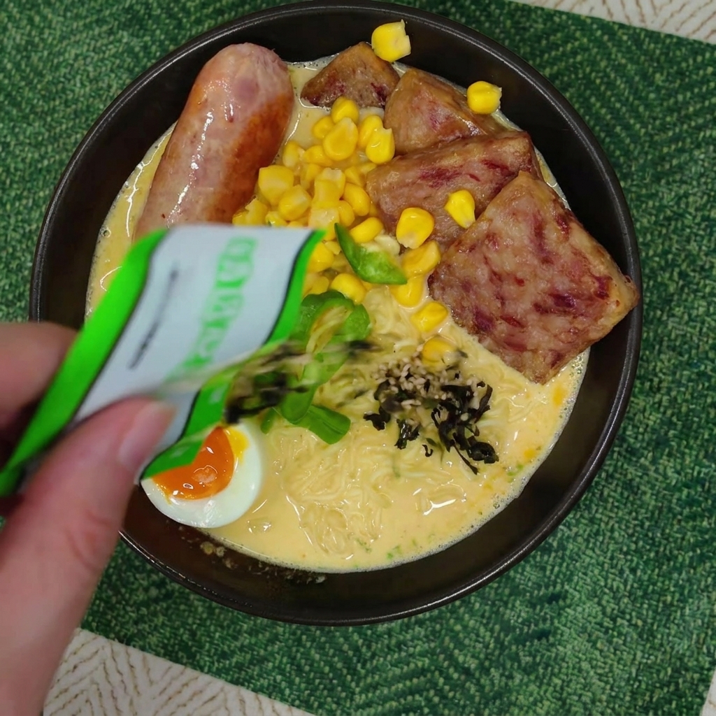 Une main saupoudrant des algues séchées et du sésame sur un bol de ramen bien garni.