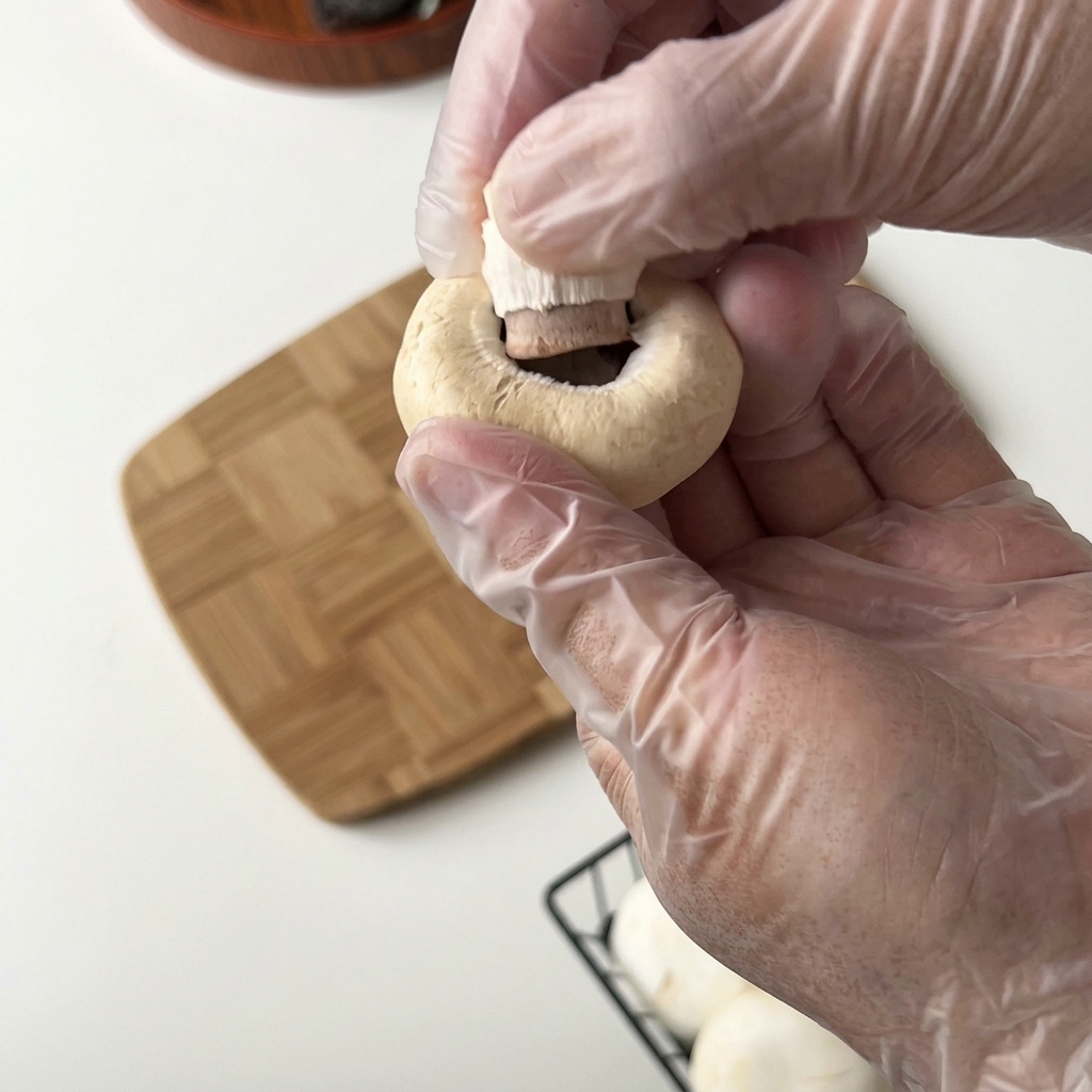 Mains gantées retirant délicatement le pied dun champignon de Paris entier.
