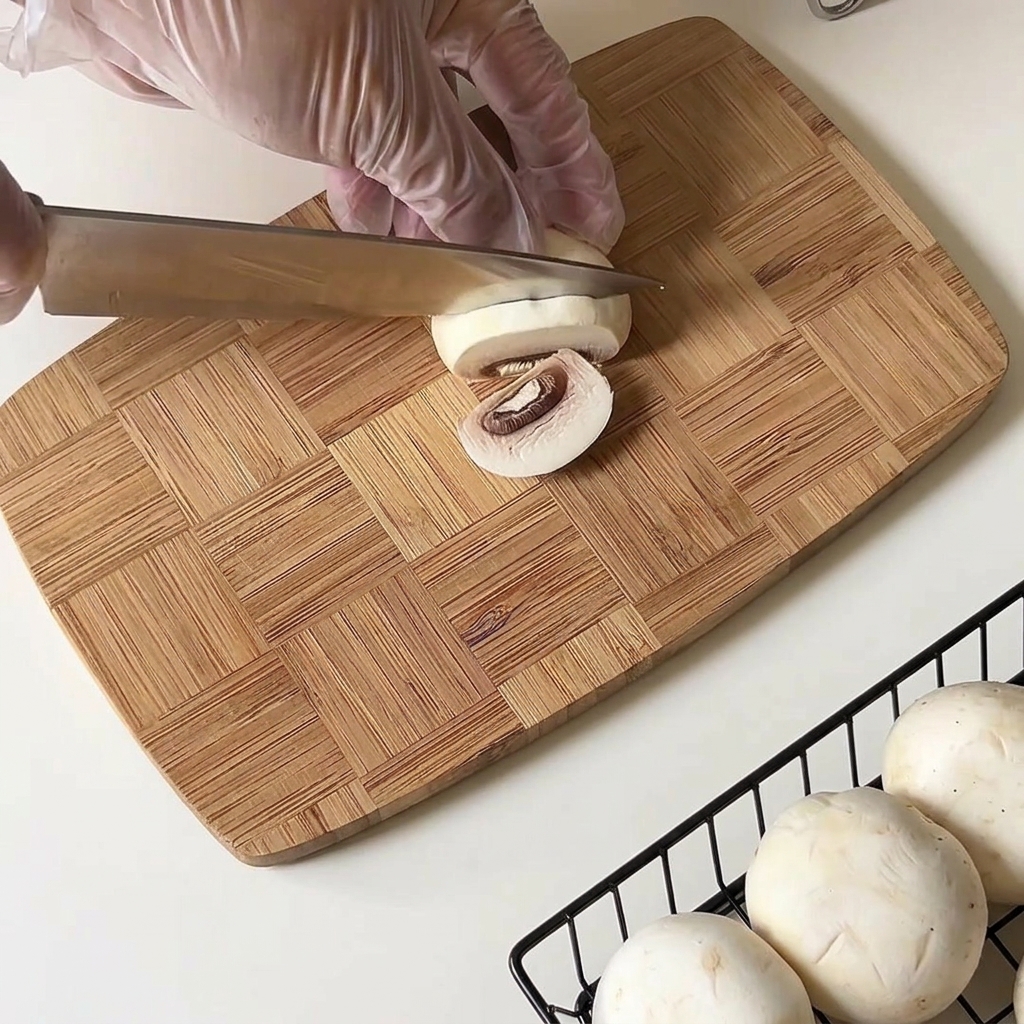 Couteau tranchant un chapeau de champignon de Paris en fines lamelles sur une planche en bambou.