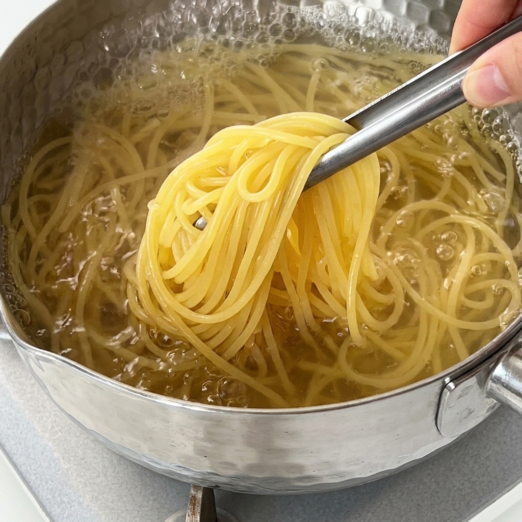 Pince soulevant et remuant des spaghettis dans une casserole deau bouillante.