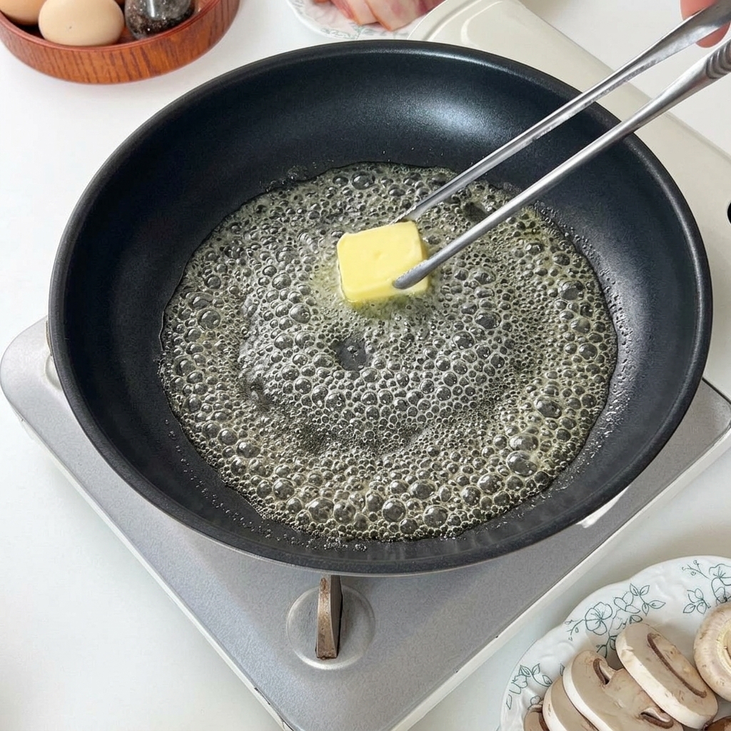 Une noix de beurre fondant et moussant doucement dans une poêle noire chaude.