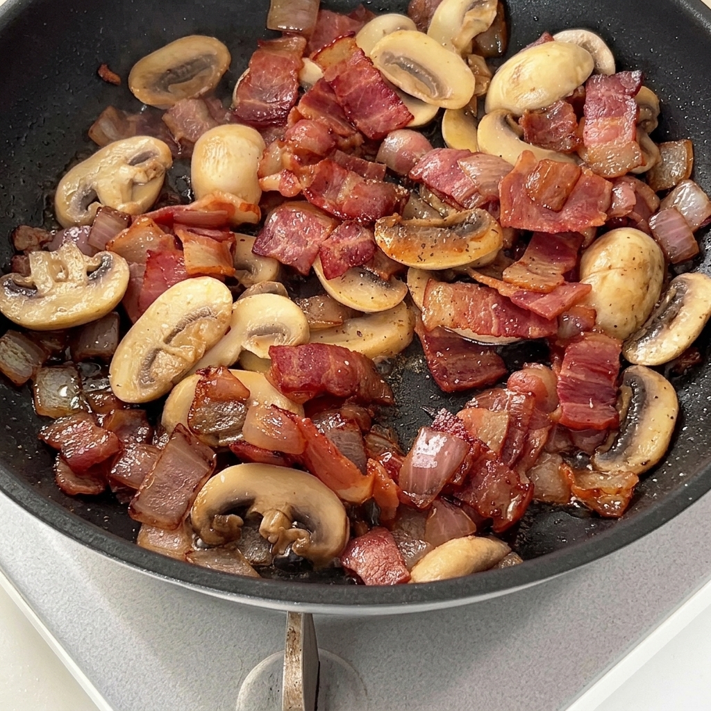 Mélange de bacon, oignons et champignons dans une poêle assaisonné de poivre noir concassé.