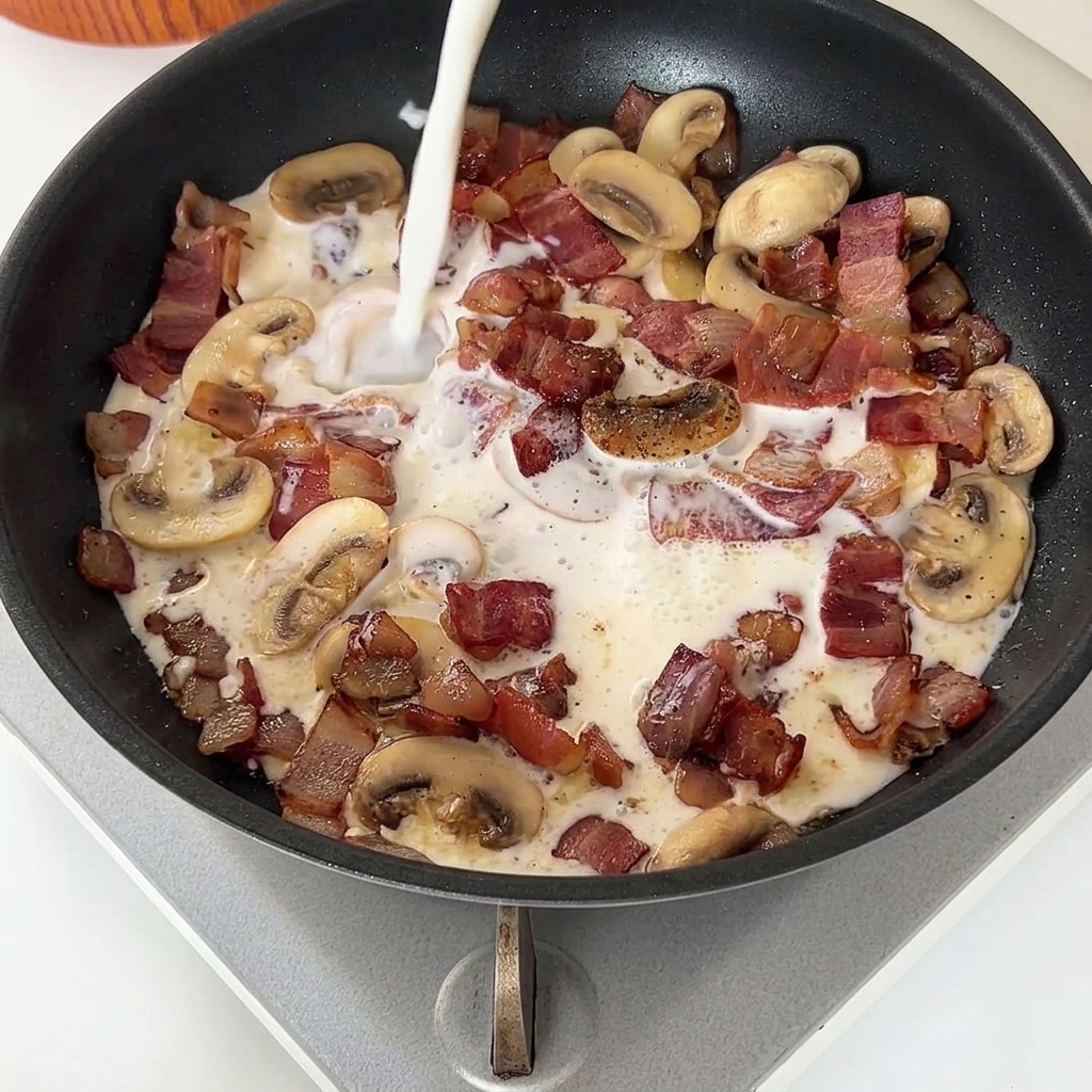 Versement de lait et de crème liquide dans la poêle contenant la garniture au bacon et champignons.