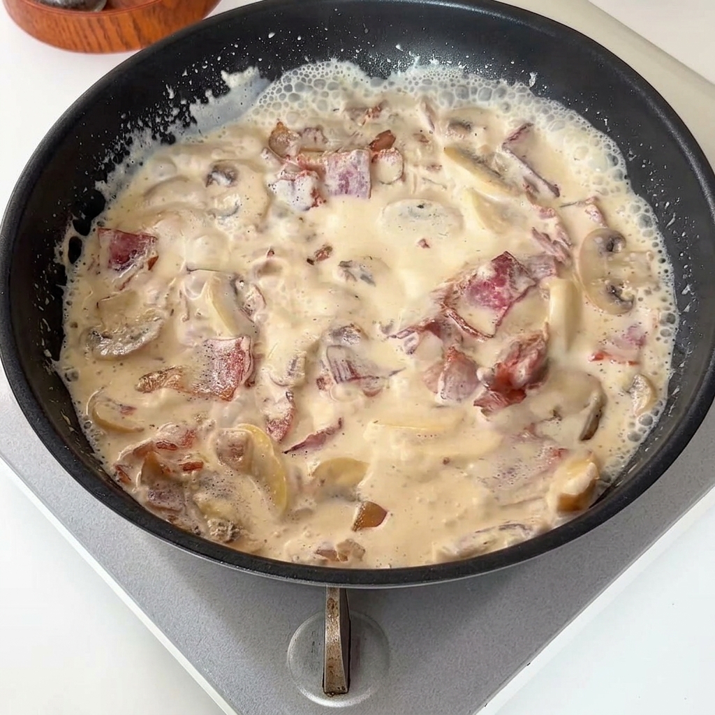 Poêle contenant une sauce blanche bouillonnante avec des morceaux de bacon et des champignons.