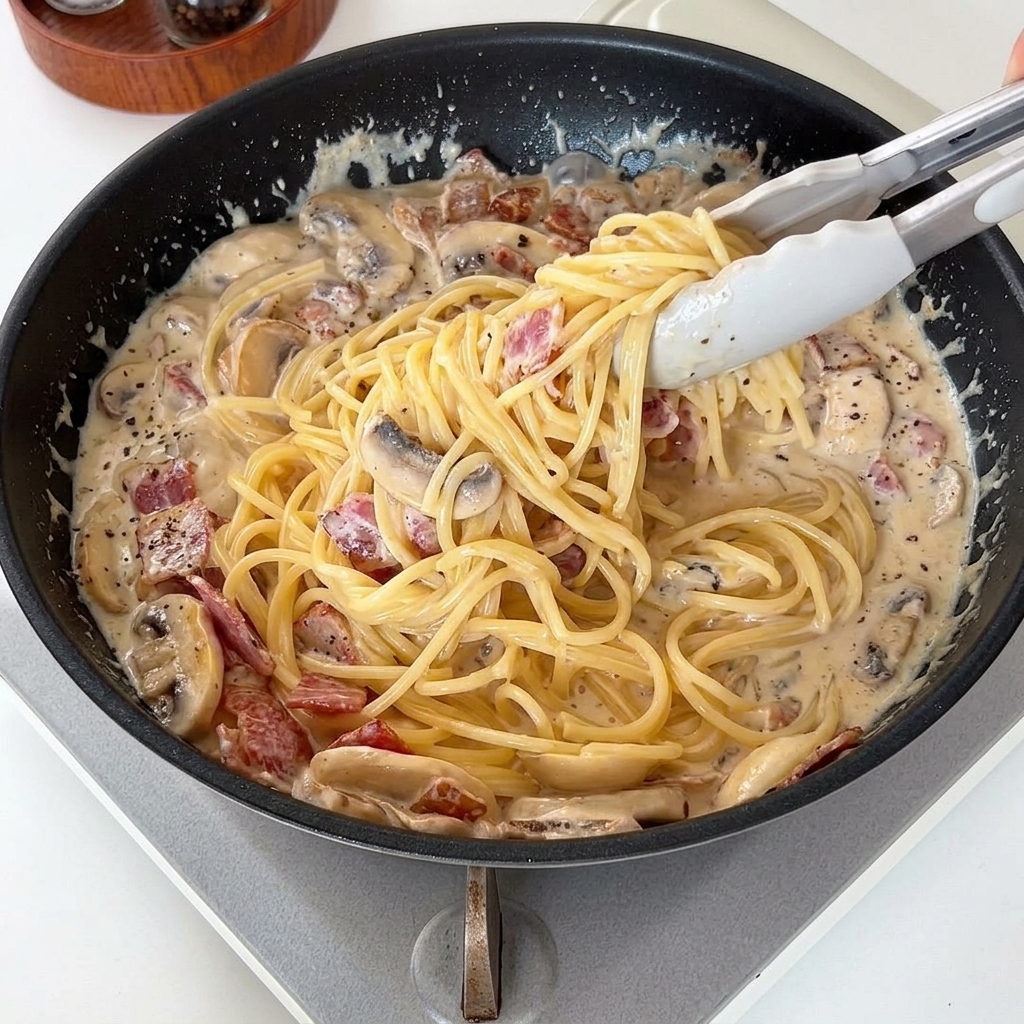 Pince mélangeant les spaghettis dans la sauce crémeuse aux champignons et bacon dans la poêle.
