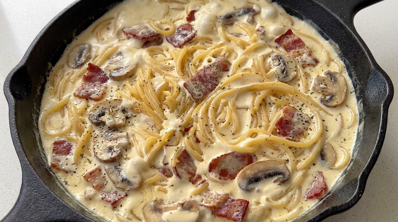 Spaghetti crémeux au bacon et aux champignons